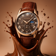 Geneva watch with a brown leather strap surrounded by chocolate splashes and pieces on a brown background