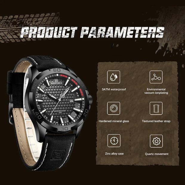 NAVIFORCE Original Fashion Wild Watches for Men Waterproof Leather Man Wristwatch Quartz Calendar Clock Relogios Masculino 8023