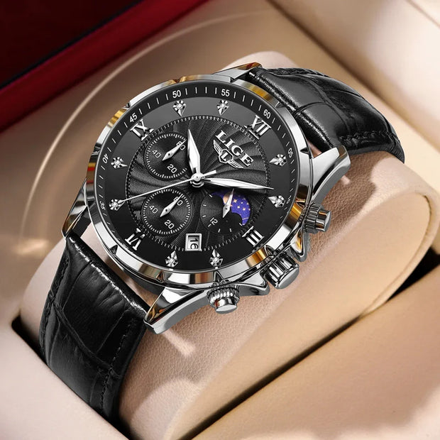 New Mens Watches LIGE Top Brand Luxury Leather Casual Quartz Watch Men's Sport Waterproof Clock Watch Relogios Masculino+Box