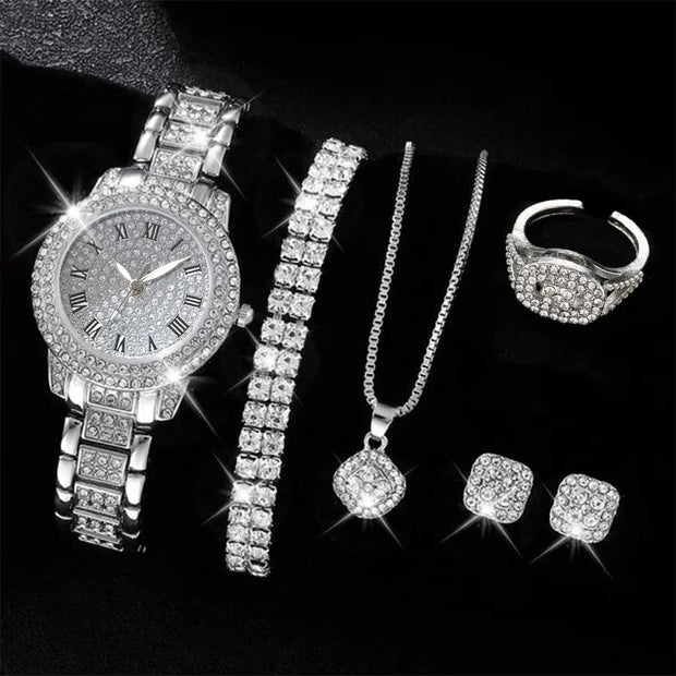 Women’s Silver Quartz Watch Jewelry Gift Set