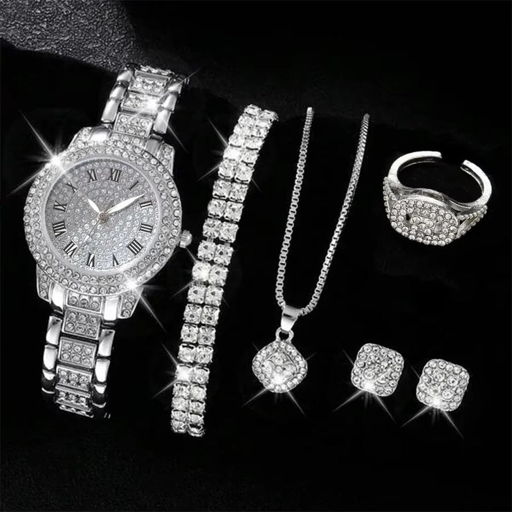 Women’s Silver Quartz Watch Jewelry Gift Set