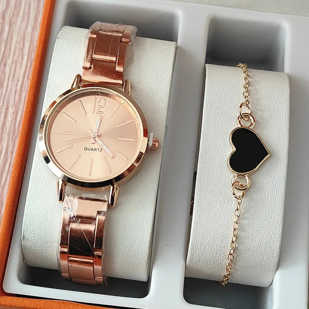 Women’s Golden Quartz Watch and Heart Charm Bracelet Set