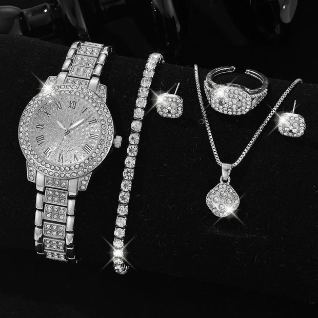 Women’s Silver Quartz Watch Jewelry Gift Set