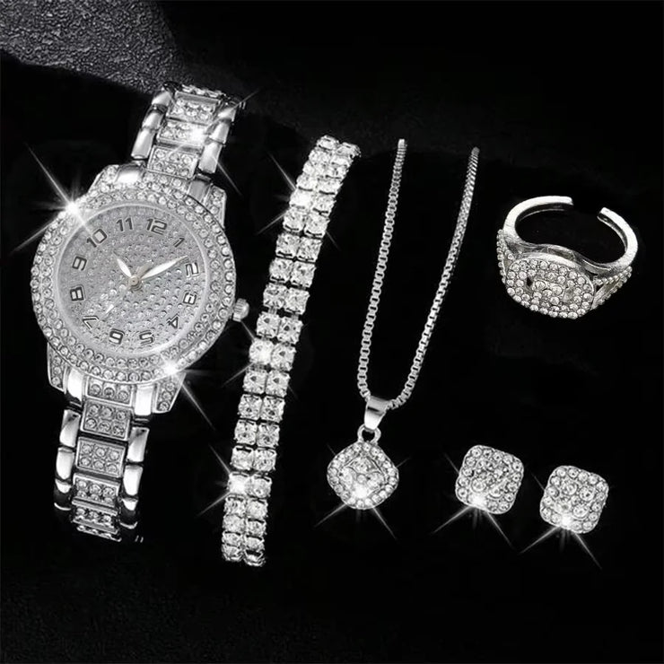 Women’s Silver Quartz Watch Jewelry Gift Set