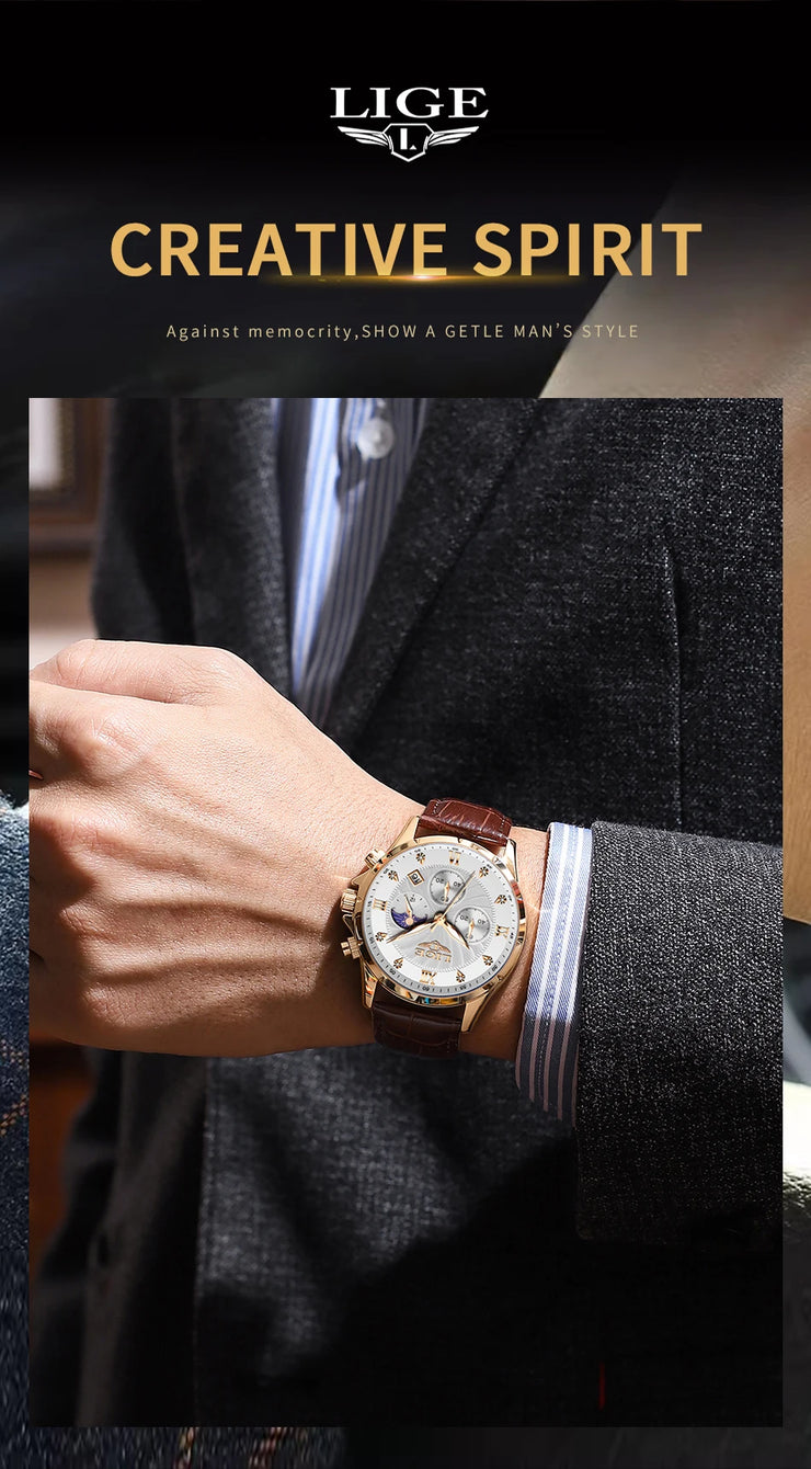New Mens Watches LIGE Top Brand Luxury Leather Casual Quartz Watch Men's Sport Waterproof Clock Watch Relogios Masculino+Box
