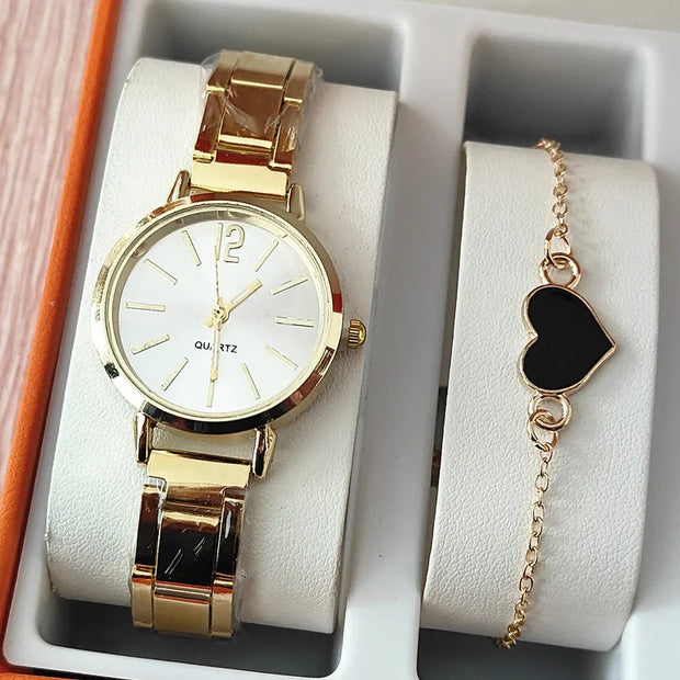 Women’s Golden Quartz Watch and Heart Charm Bracelet Set