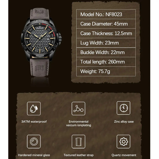 NAVIFORCE Top Brand  Men Casual Sport Military Quartz Calendar Wrist Watch for Man Business Leather Waterproof Male ClockNF8023