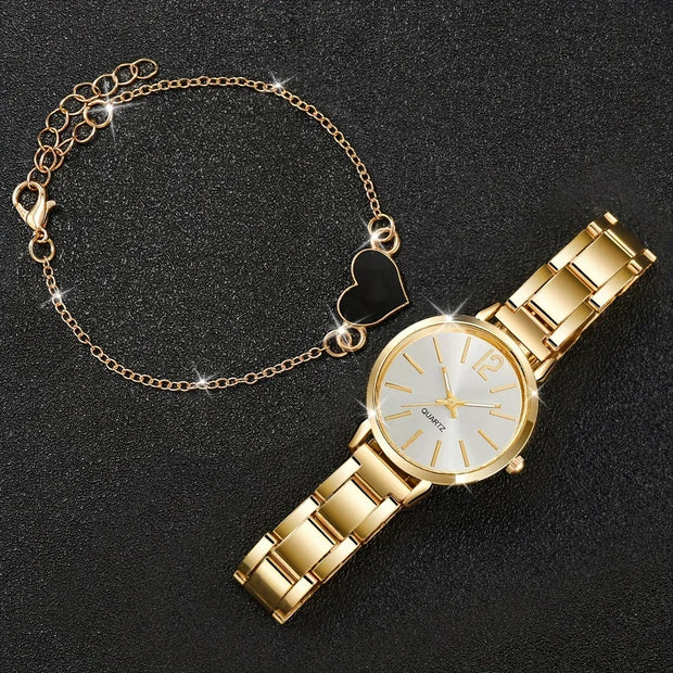 Women’s Golden Quartz Watch and Heart Charm Bracelet Set