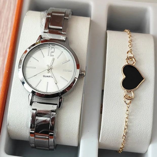 Women’s Golden Quartz Watch and Heart Charm Bracelet Set