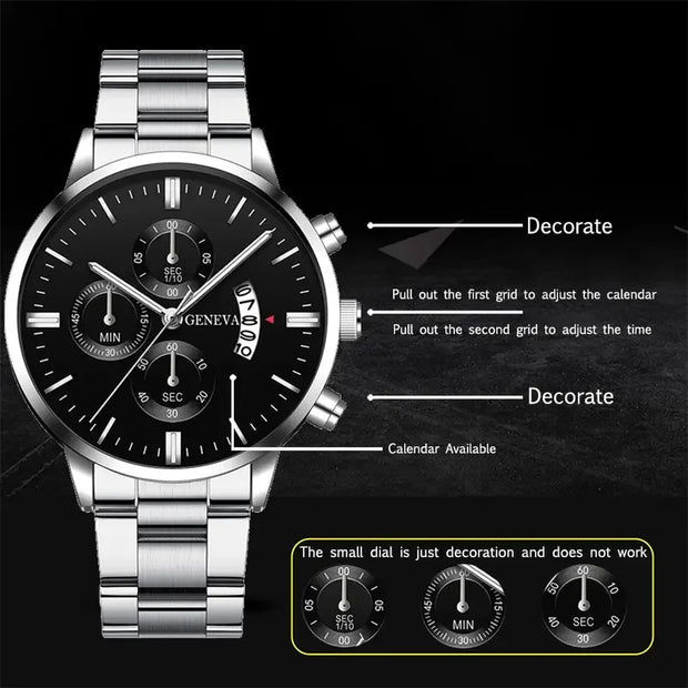 Men’s Luxury Silver Stainless Steel Quartz Watch