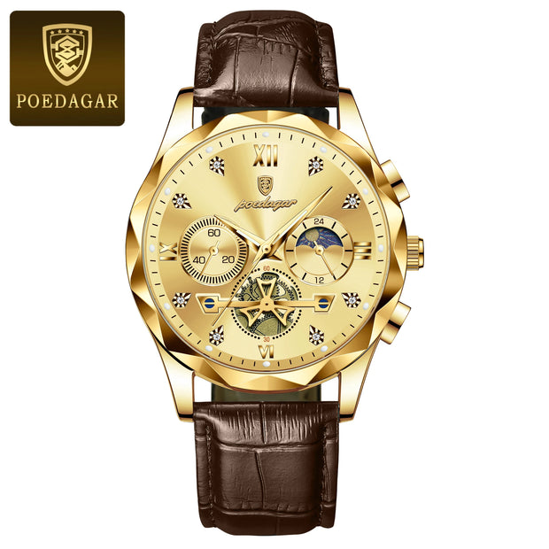 POEDAGAR Luxury Watches For Men Leather Chronograph Man Watch Waterproof Luminous Military Fashion Men's Quartz Wristwatch Reloj