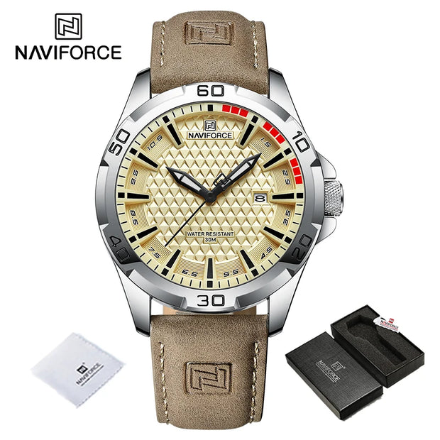 NAVIFORCE Original Fashion Wild Watches for Men Waterproof Leather Man Wristwatch Quartz Calendar Clock Relogios Masculino 8023