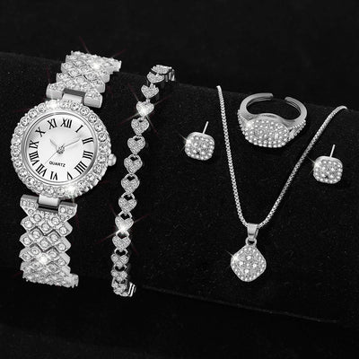 Women’s Silver Quartz Watch Jewelry Gift Set