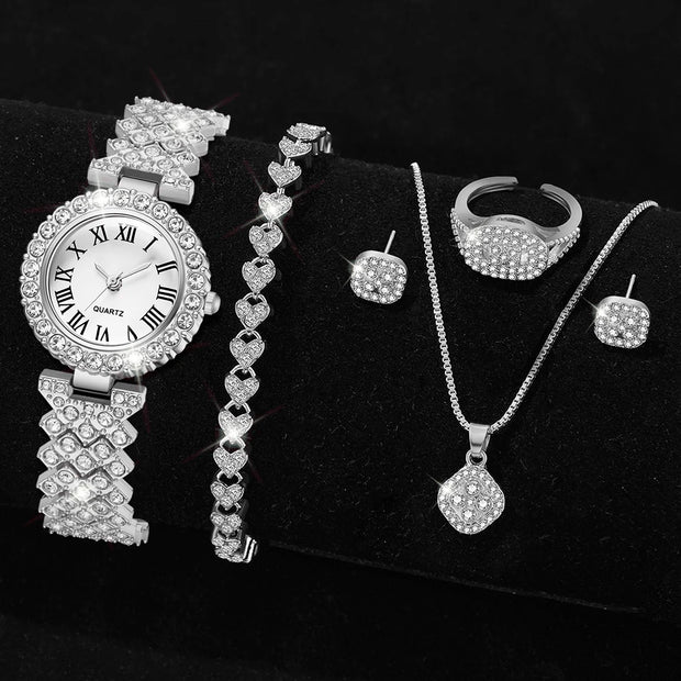 Women’s Silver Quartz Watch Jewelry Gift Set