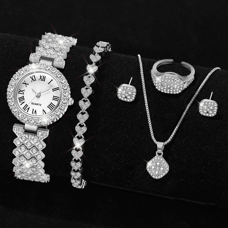 Women’s Silver Quartz Watch Jewelry Gift Set