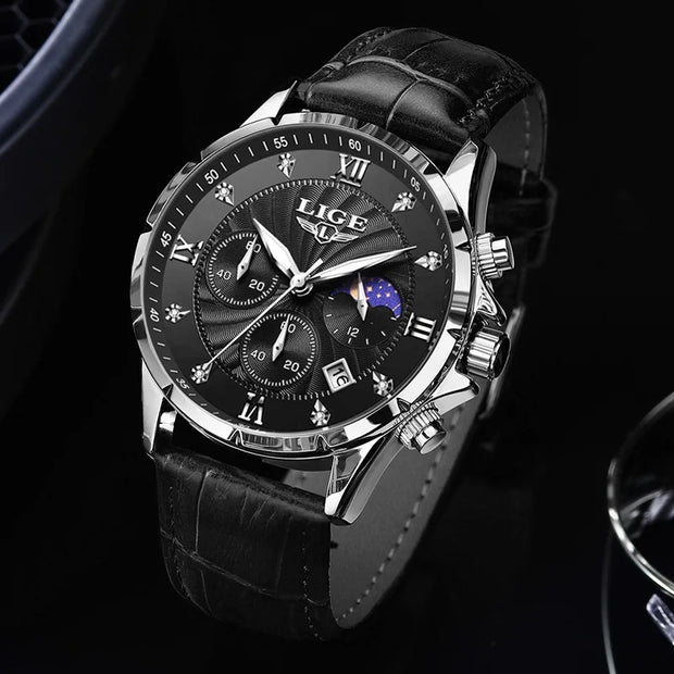 New Mens Watches LIGE Top Brand Luxury Leather Casual Quartz Watch Men's Sport Waterproof Clock Watch Relogios Masculino+Box