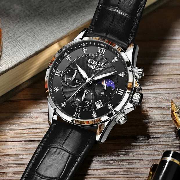 New Mens Watches LIGE Top Brand Luxury Leather Casual Quartz Watch Men's Sport Waterproof Clock Watch Relogios Masculino+Box