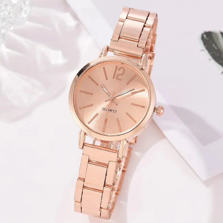 Women’s Golden Quartz Watch and Heart Charm Bracelet Set