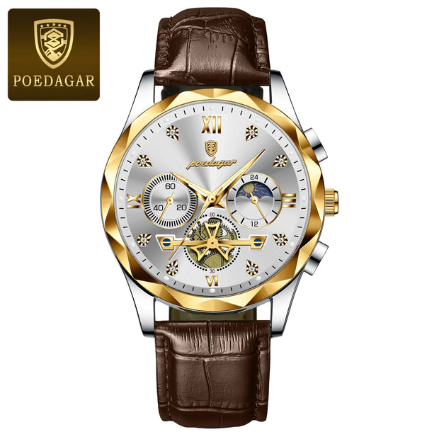 POEDAGAR Luxury Watches For Men Leather Chronograph Man Watch Waterproof Luminous Military Fashion Men's Quartz Wristwatch Reloj
