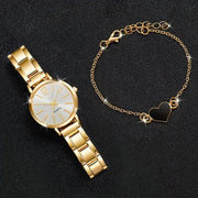 Women’s Golden Quartz Watch and Heart Charm Bracelet Set
