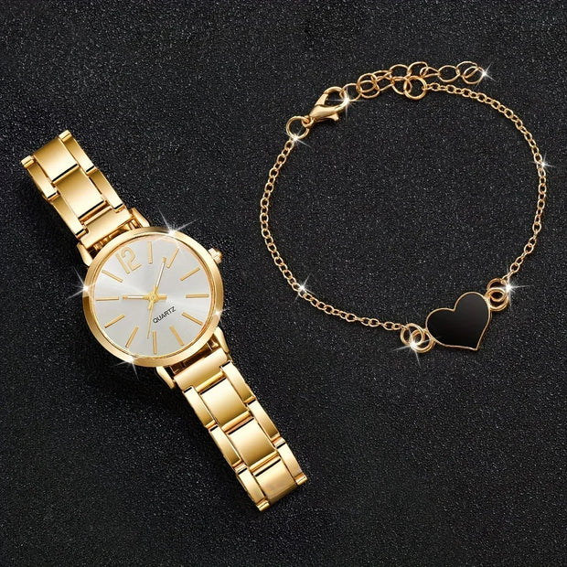 Women’s Golden Quartz Watch and Heart Charm Bracelet Set