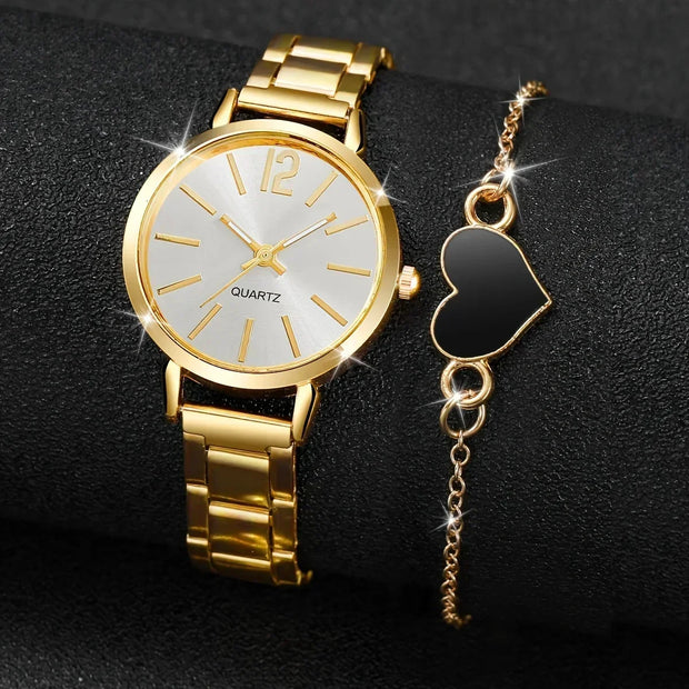 Women’s Golden Quartz Watch and Heart Charm Bracelet Set