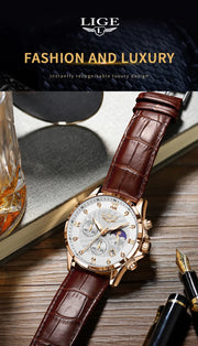 New Mens Watches LIGE Top Brand Luxury Leather Casual Quartz Watch Men's Sport Waterproof Clock Watch Relogios Masculino+Box