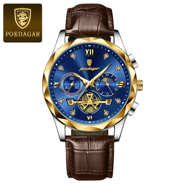 POEDAGAR Luxury Watches For Men Leather Chronograph Man Watch Waterproof Luminous Military Fashion Men's Quartz Wristwatch Reloj